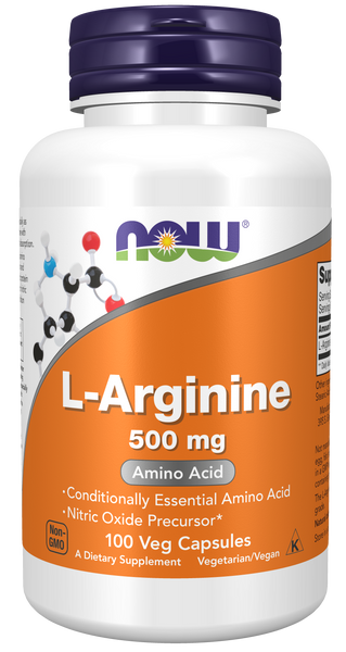 NOW Foods L-Arginine 500mg 100 Veg Capsules (Free-Form Amino Acid) - front