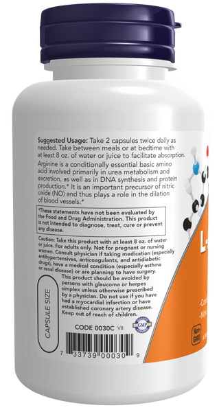 NOW Foods L-Arginine 500mg 100 Veg Capsules (Free-Form Amino Acid) - label view 2