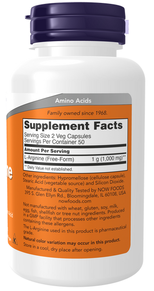 NOW Foods L-Arginine 500mg 100 Veg Capsules (Free-Form Amino Acid) - label view 1