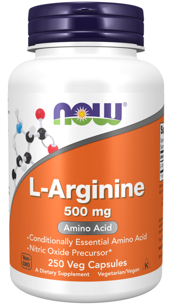 NOW Foods L-Arginine 500mg 100/250 Veg Capsules (Free-Form Amino Acid)