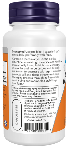 NOW Foods L-Carnosine 500mg 50 Veg Capsules (Beta-Alanyl-L-Histidine) - label view 2
