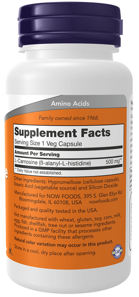 NOW Foods L-Carnosine 500mg 50 Veg Capsules (Beta-Alanyl-L-Histidine) - label view 1