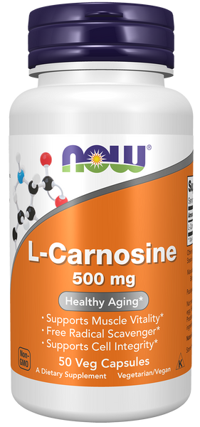 NOW Foods L-Carnosine 500mg 50 Veg Capsules (Beta-Alanyl-L-Histidine) - front