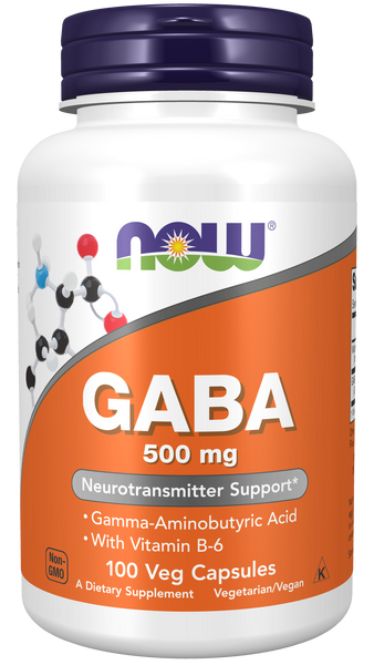 NOW Foods GABA 500mg 100 Veg Capsules (Gamma-Aminobutyric Acid + B-6) - front