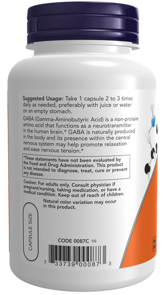 NOW Foods GABA 500mg 100 Veg Capsules (Gamma-Aminobutyric Acid + B-6) - label view 2