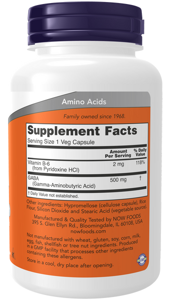 NOW Foods GABA 500mg 100 Veg Capsules (Gamma-Aminobutyric Acid + B-6) - label view 1