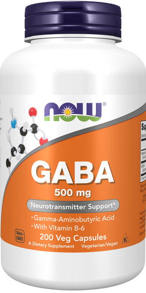 NOW Foods GABA 500mg 200 Veg Capsules (Gamma-Aminobutyric Acid + B-6) - front