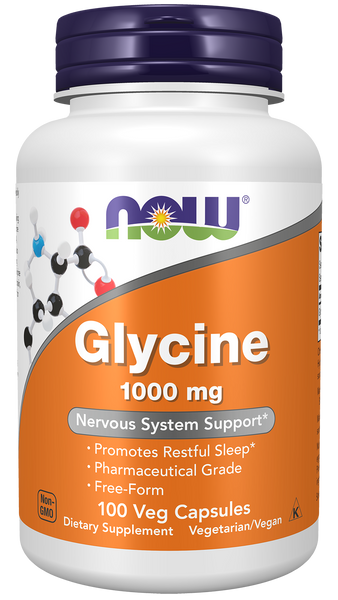 NOW Foods Glycine 1000mg 100 Veg Capsules (Free-Form Amino Acid) - front
