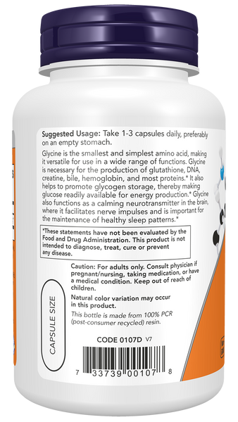 NOW Foods Glycine 1000mg 100 Veg Capsules (Free-Form Amino Acid) - label view 2