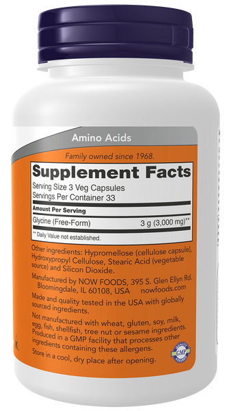 NOW Foods Glycine 1000mg 100 Veg Capsules (Free-Form Amino Acid) - label view 1