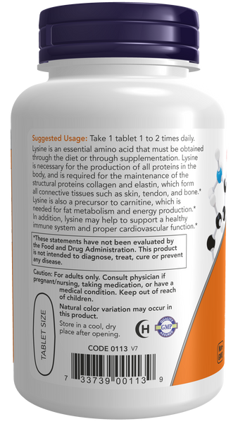 NOW Foods L-Lysine 1000mg 100 Tablets Double Strength (Amino Acid) - label view 2
