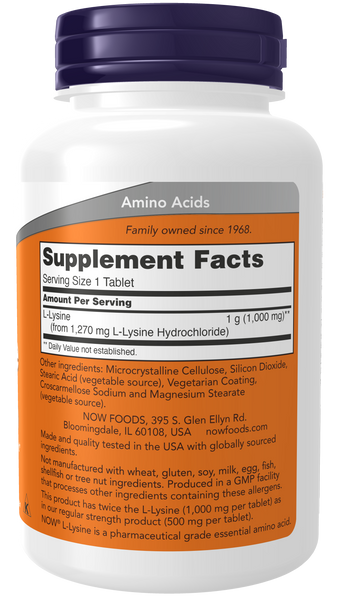 NOW Foods L-Lysine 1000mg 100 Tablets Double Strength (Amino Acid) - label view 1