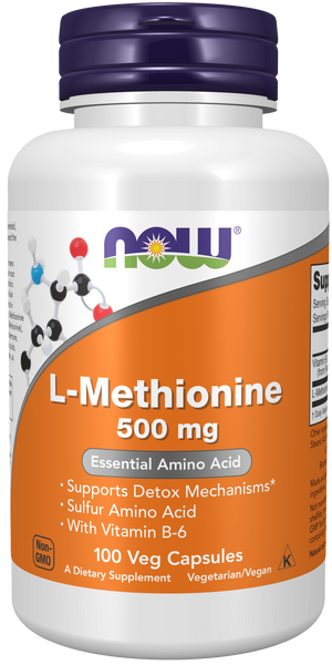NOW Foods L-Methionine 500mg 100 Veg Capsules (with Vitamin B-6) - front