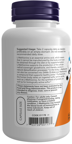 NOW Foods L-Methionine 500mg 100 Veg Capsules (with Vitamin B-6) - label view 2