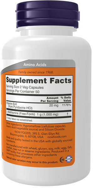NOW Foods L-Methionine 500mg 100 Veg Capsules (with Vitamin B-6) - label view 1