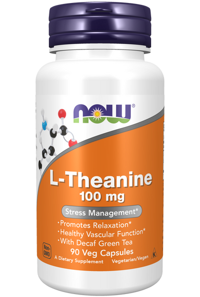 NOW Foods L-Theanine 100mg 90 Veg Capsules (Free-Form Amino Acid) - front
