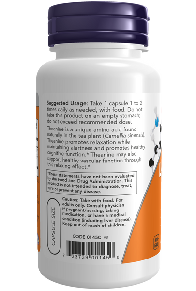 NOW Foods L-Theanine 100mg 90 Veg Capsules (Free-Form Amino Acid) - label view 2