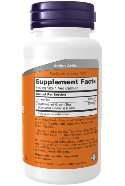 NOW Foods L-Theanine 100mg 90 Veg Capsules (Free-Form Amino Acid) - label view 1