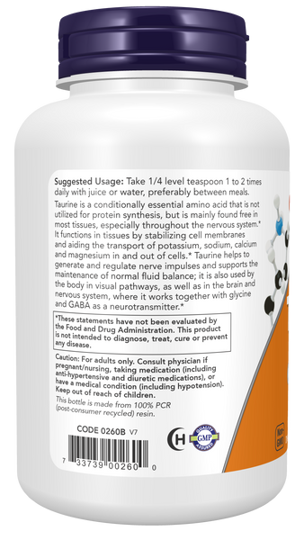NOW Foods Taurine Powder 8 oz (Free-Form Amino Acid) - label view 2