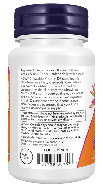 NOW Foods Vitamin D-3 1000 IU 180 Chewables (Fruity Flavor) - label view 2