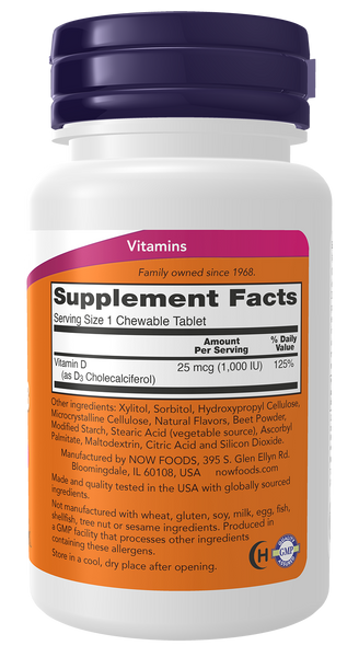 NOW Foods Vitamin D-3 1000 IU 180 Chewables (Fruity Flavor) - label view 1