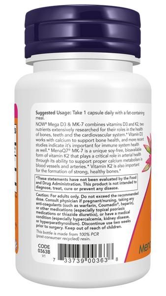 Now Foods Mega D3 & MK-7 5000iu 120 Capsules