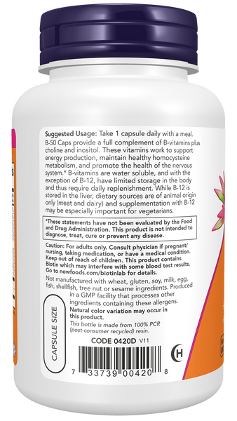 NOW Foods Vitamin B-50 100 Veg Capsules (B-Complex) - label view 2
