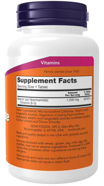 NOW Foods Niacinamide 1000mg 90 Tablets (Vitamin B-3, No Flush) - label view 1