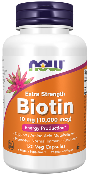 NOW Foods Biotin 10mg (10,000mcg) 120 Veg Capsules Extra Strength - front