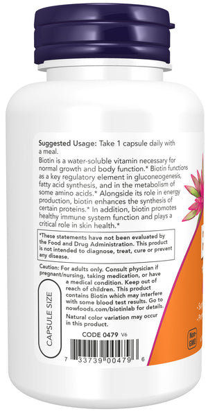 NOW Foods Biotin 10mg (10,000mcg) 120 Veg Capsules Extra Strength - label view 2