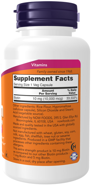 NOW Foods Biotin 10mg (10,000mcg) 120 Veg Capsules Extra Strength - label view 1