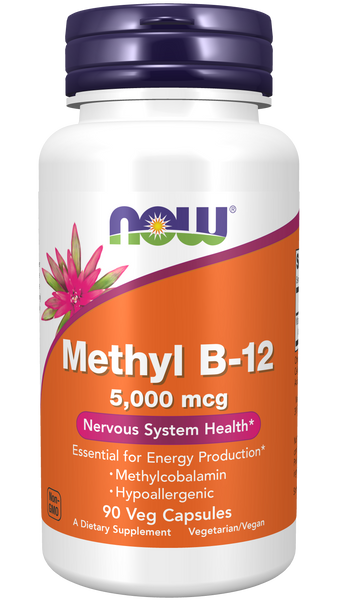 NOW Foods Methyl B-12 5000mcg 90 Veg Capsules (Methylcobalamin) - front