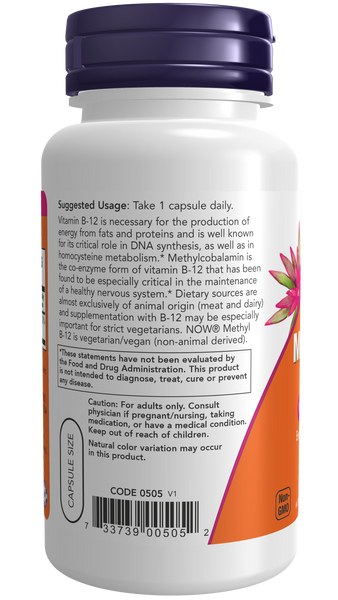 NOW Foods Methyl B-12 5000mcg 90 Veg Capsules (Methylcobalamin) - label view 2