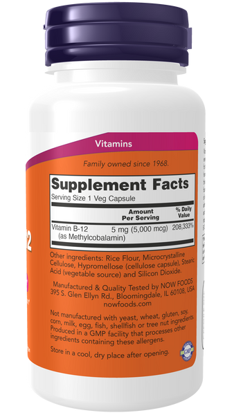 NOW Foods Methyl B-12 5000mcg 90 Veg Capsules (Methylcobalamin) - label view 1