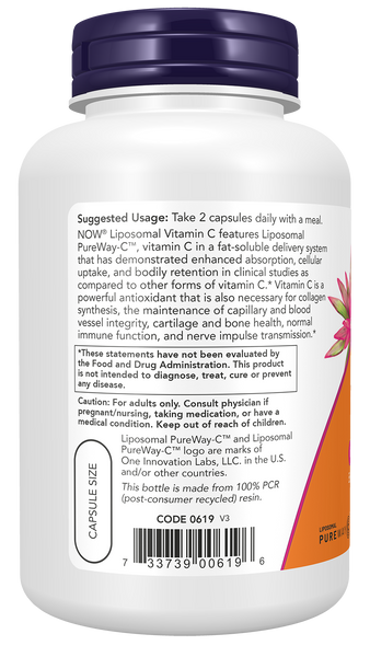 NOW Foods Liposomal Vitamin C 1000mg 120 Veg Capsules (PureWay-C) - label view 2