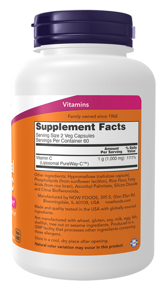NOW Foods Liposomal Vitamin C 1000mg 120 Veg Capsules (PureWay-C) - label view 1