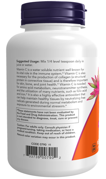 NOW Foods Vitamin C Crystals Powder 8 oz (Pure Ascorbic Acid) - label view 2
