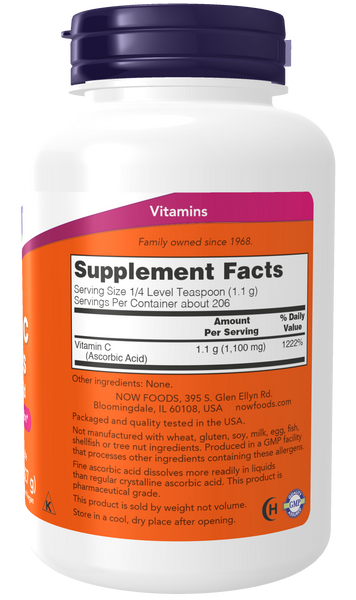 NOW Foods Vitamin C Crystals Powder 8 oz (Pure Ascorbic Acid) - label view 1