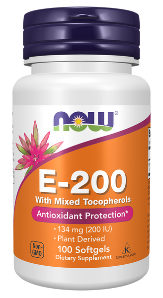 NOW Foods Vitamin E-200 with Mixed Tocopherols 100 Softgels (d-Alpha) - front