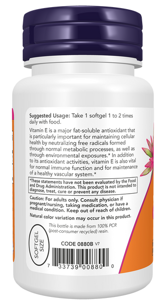 NOW Foods Vitamin E-200 with Mixed Tocopherols 100 Softgels (d-Alpha) - label view 2