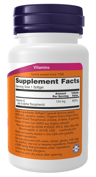 NOW Foods Vitamin E-200 with Mixed Tocopherols 100 Softgels (d-Alpha) - label view 1
