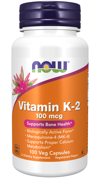 NOW Foods Vitamin K-2 100mcg 100 Veg Capsules (MK-4 with Alfalfa) - front
