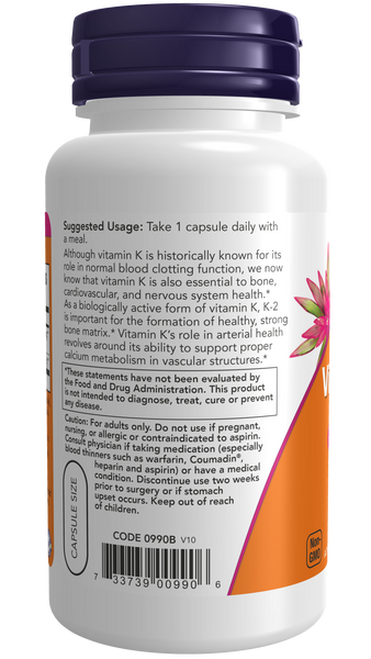 NOW Foods Vitamin K-2 100mcg 100 Veg Capsules (MK-4 with Alfalfa) - label view 2