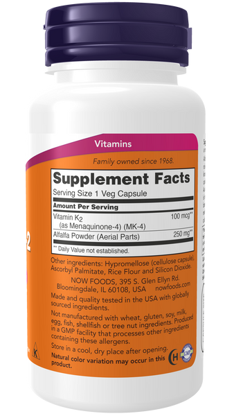 NOW Foods Vitamin K-2 100mcg 100 Veg Capsules (MK-4 with Alfalfa) - label view 1