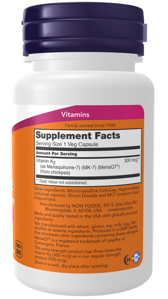 Now Foods MK-7 Vitamin K-2, Extra Strength 300 mcg 60 Veg Capsules