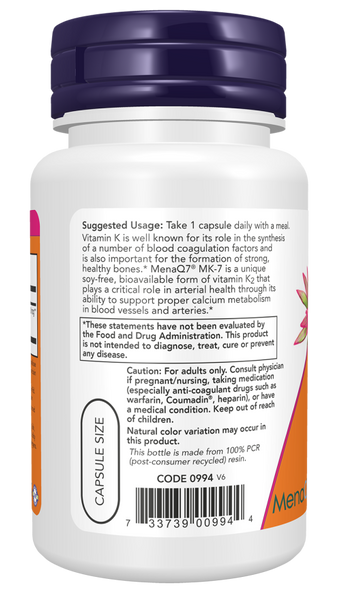 Now Foods MK-7 Vitamin K-2, Extra Strength 300 mcg 60 Veg Capsules