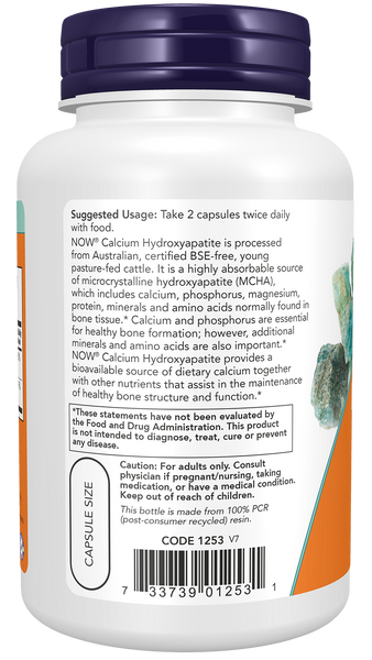 NOW Foods Calcium Hydroxyapatite 120 Capsules (MCHA, with Phosphorus) - label view 2