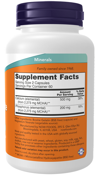 NOW Foods Calcium Hydroxyapatite 120 Capsules (MCHA, with Phosphorus) - label view 1