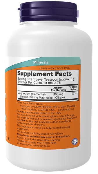 NOW Foods Magnesium Citrate Pure Powder 8 oz (227g) - label view 1