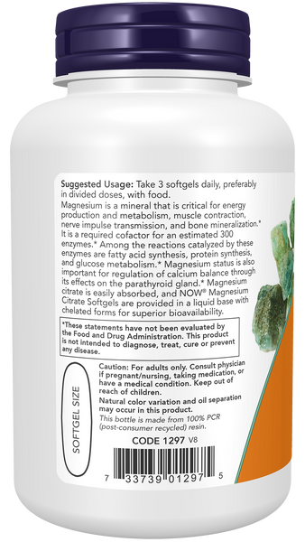 NOW Foods Magnesium Citrate 134mg 90 Softgels (Magnesium Blend) - label view 2